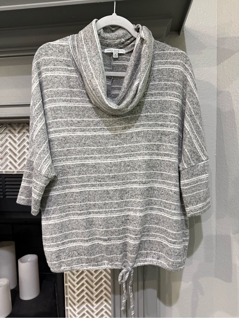 Green Envelope Gray & White Striped Cowl Neck Top